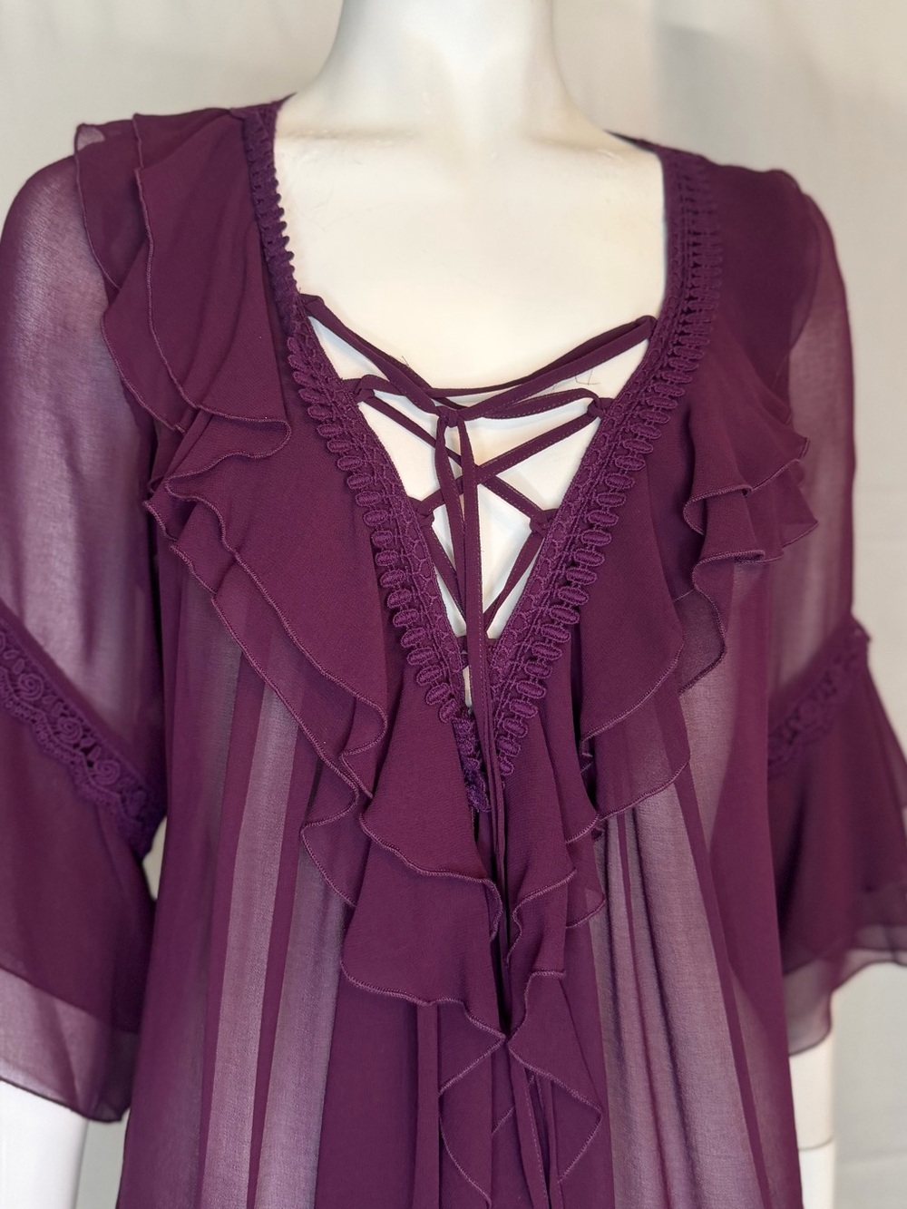 Sheer Ruffle Lace-Trim Blouse in Plum - Picture 4 of 7